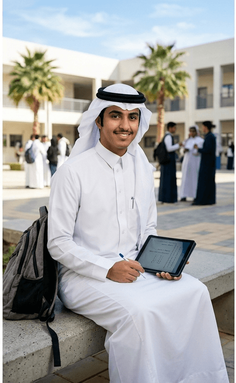 طالب يستخدم جهاز لوحي للدراسة عن بعد